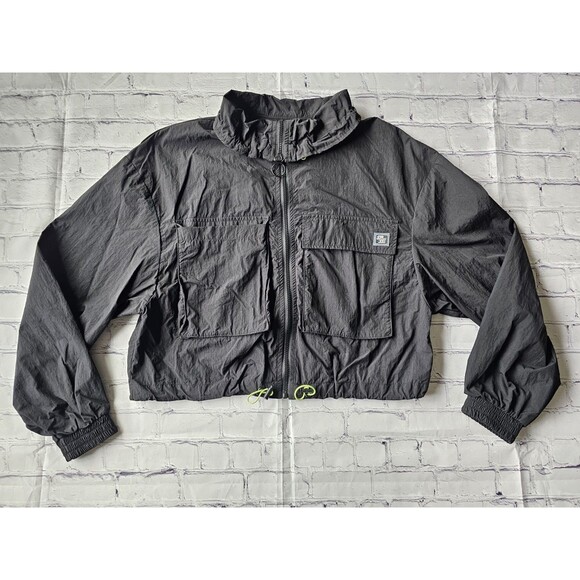 Stradivarius Street Feet Black Windbreaker Jacket Women M Neon Drawcord Pockets - Picture 1 of 11